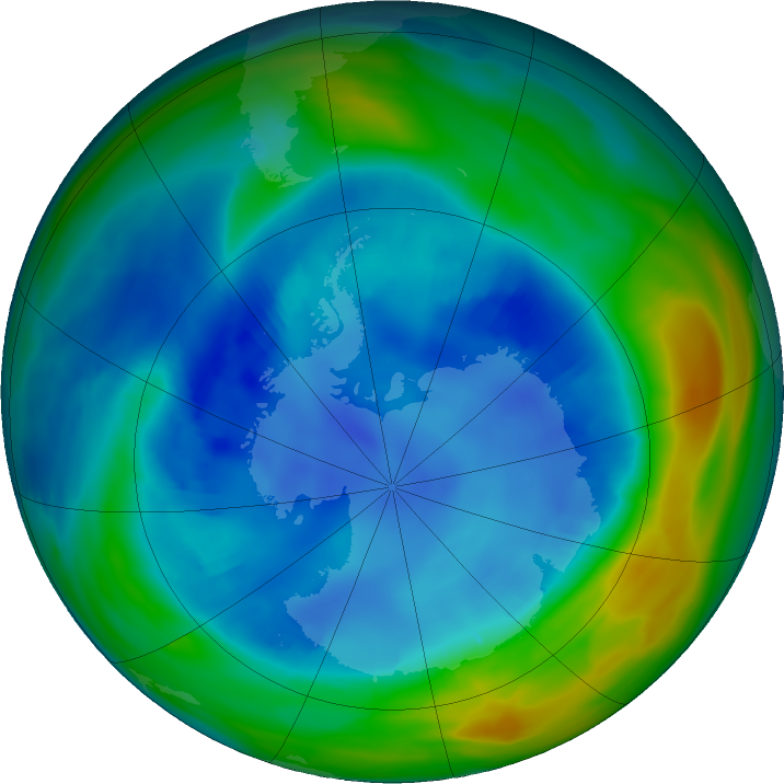 Antarctic ozone map for 15 August 2020